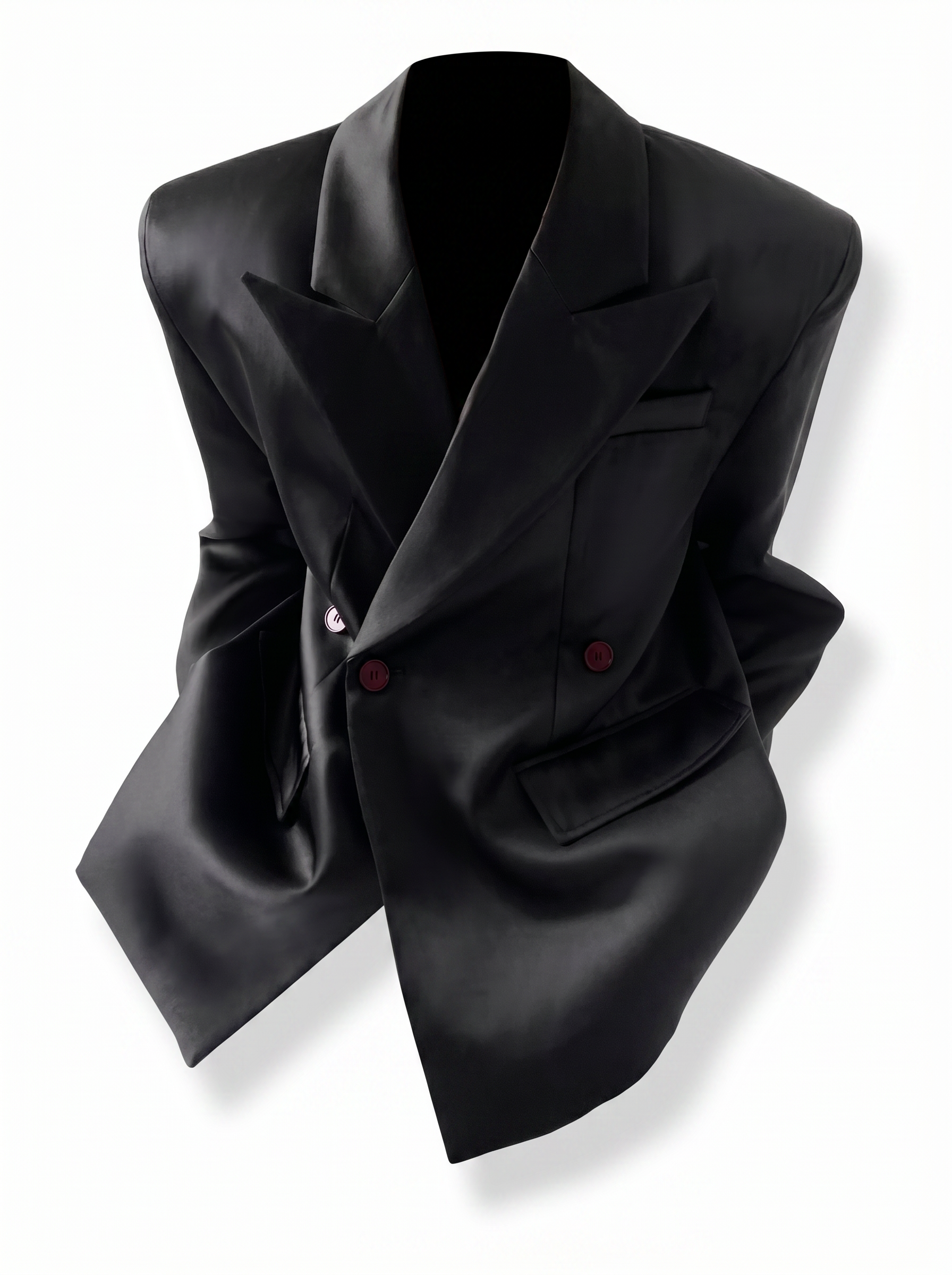 Black blazer with red buttons on a white background