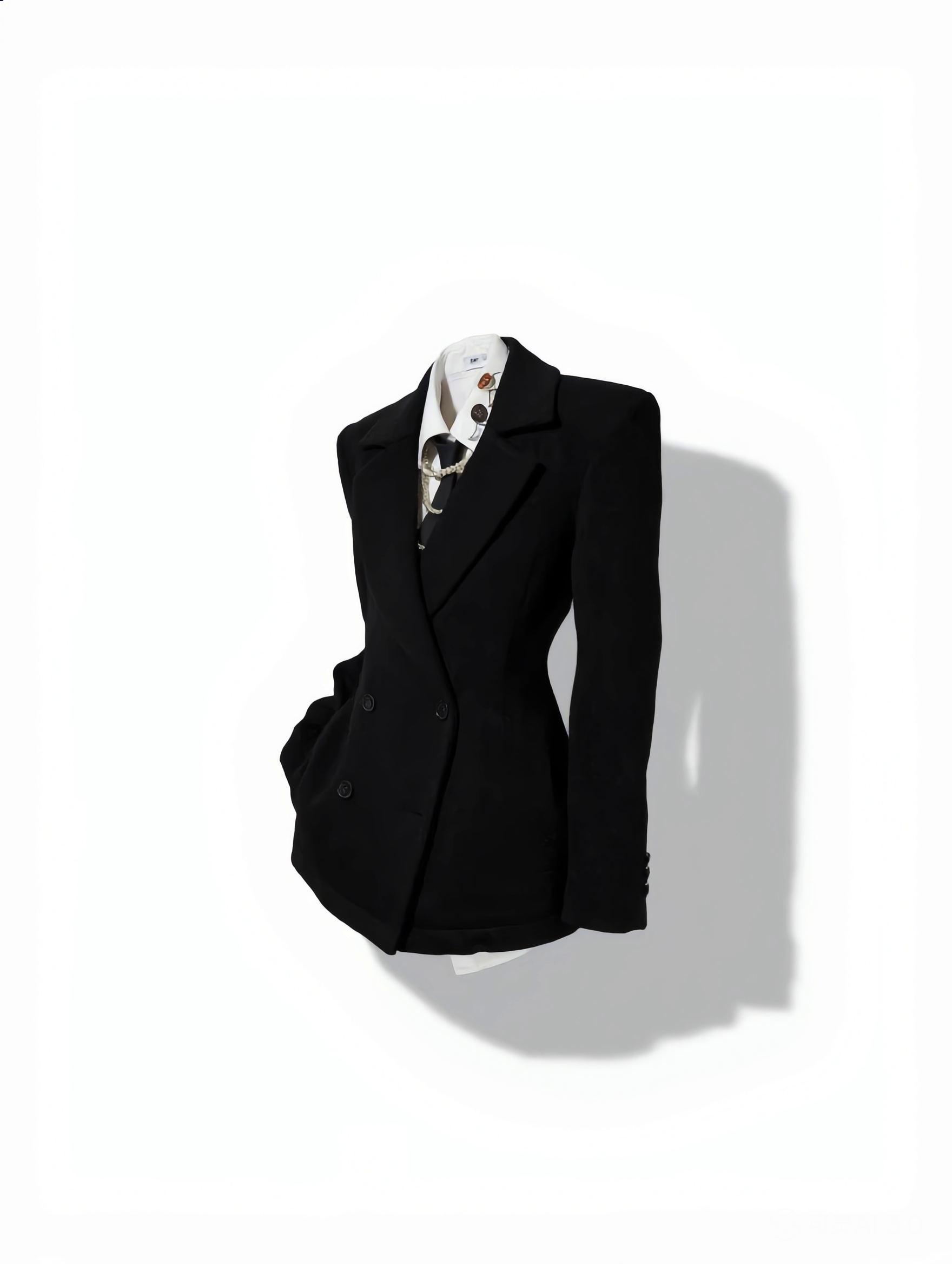 Black blazer styled with a bag on a white background