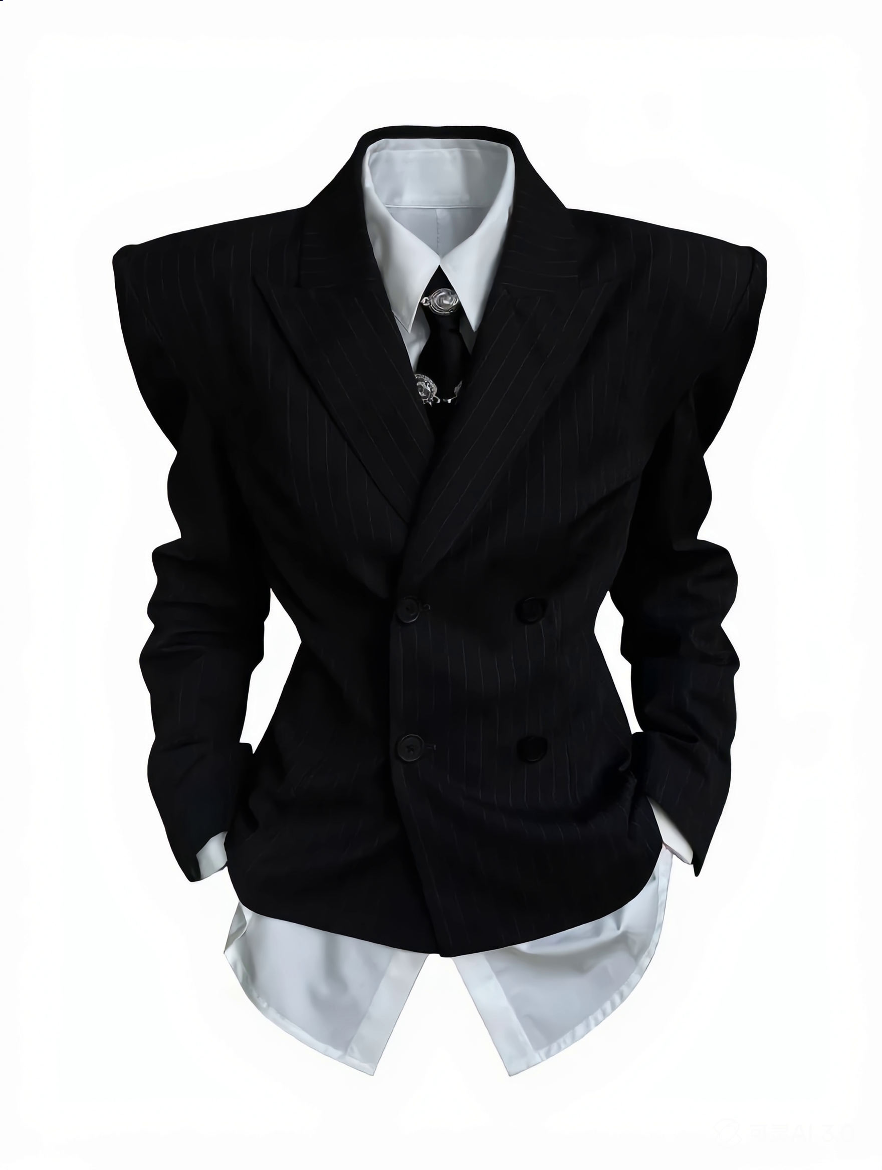 Black tailored jacket layered over a shirt on a white background