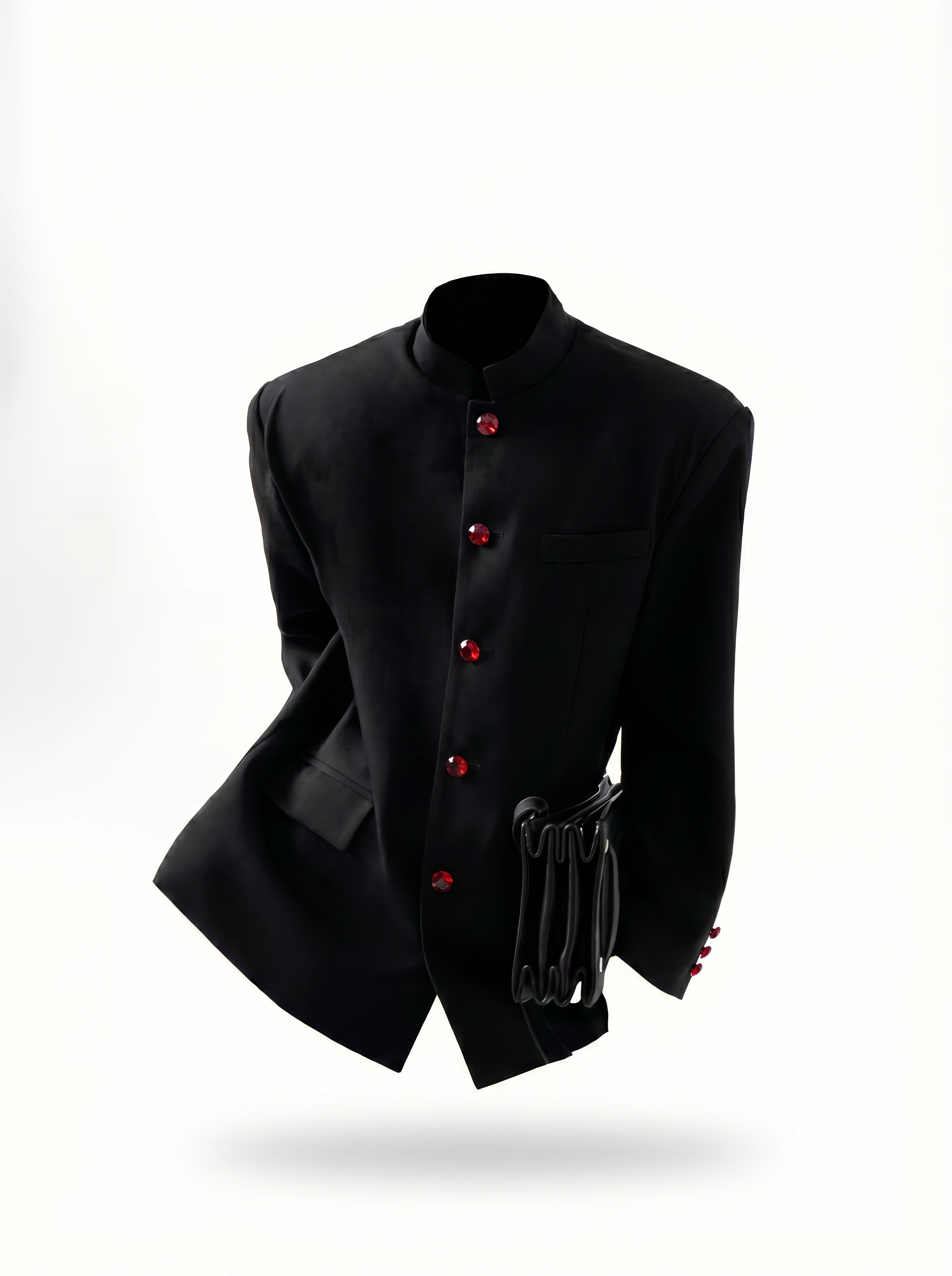 Black tailored jacket with red buttons on a white background