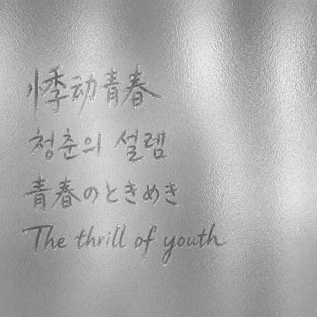 Frosted glass artwork with multilingual handwritten typography